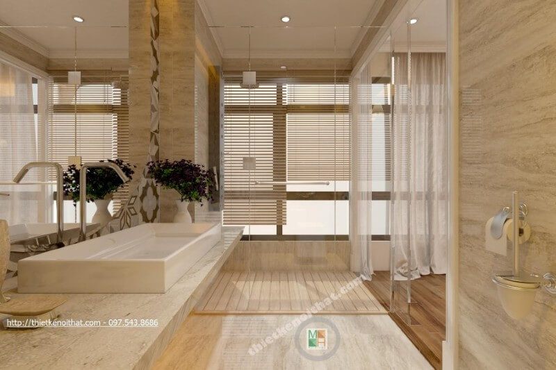 Không gian nhà tắm đầy ấn tượng với đá ốp tường phòng tắm, màu sắc chính là yếu tố quyết định đến tính thẩm mỹ của cả không gian.