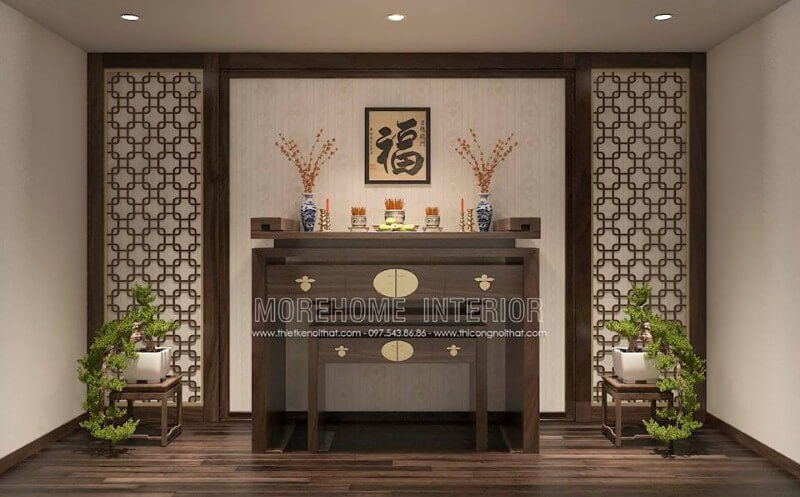 Tranh treo chữ Phúc đẹp trong bàn thờ gia tiên.