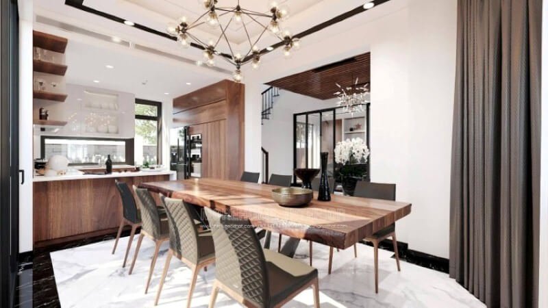 Sẽ là một gợi ý độc đáo với sự hiện hữu tủ bếp gỗ óc chó veneer nâu trầm kết hợp gam màu trắng sáng, long lanh từ tủ bếp trên gỗ An Cường acrylic và mặt bàn bếp đá nhân tạo gốc thạch anh. Sự tương phản giữa 2 sắc màu sẽ là ý tưởng tuyệt vời cho bố trí nội thất phòng bếp hiện đại cho không gian nhà phố, biệt thự.