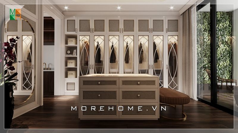 Thiết kế tủ quần áo tân cổ điển kịch trần âm tường rất sang trọng đậm chất tân cổ điển, màu sắc tôn vẻ quý tộc rất tinh tế.