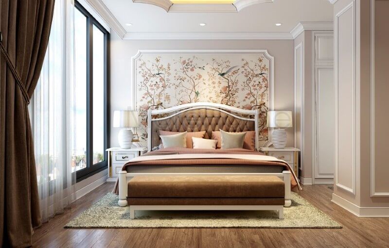 Tranh dán tường hoa lá được coi là điểm nhấn độc đáo cho không gian nghỉ ngơi của gia chủ