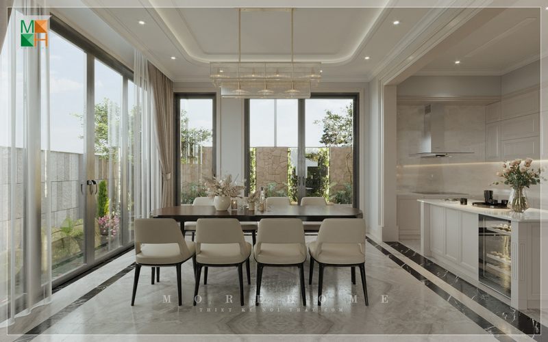 Bộ bàn ăn 8 ghế gỗ tự nhiên bọc niệm màu trắng hiện đại sử dụng thoải mái cùng các thành viên trong gia đình, bạn bè thưởng thức những món ăn ngon.