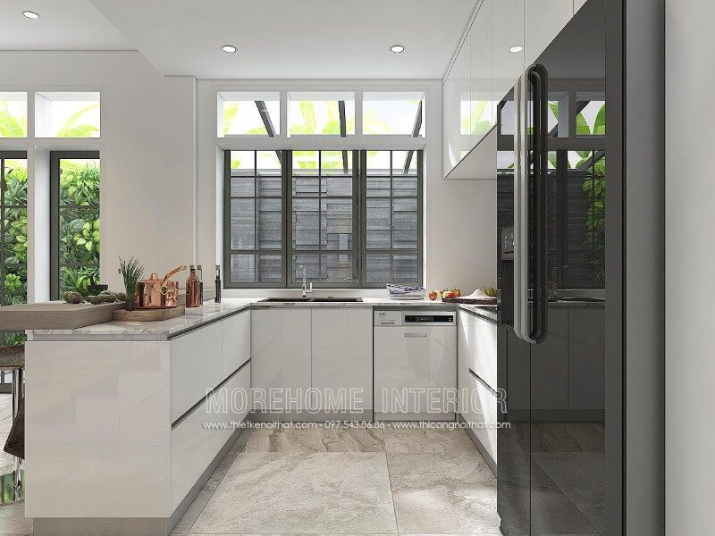 . Tủ bếp được treo trên kết hợp với tủ bếp dưới, với ngăn chia nhỏ để lưu trữ vật dụng nhà bếp và gia vị nấu ăn, đồng thời tạo ra một không gian lưu trữ hợp lí.
